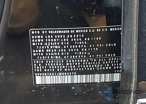 2018 Volkswagen Tiguan 2.0T Sel Premium z USA, uszkodzony, nr VIN 3VV4B7AX7JM004370